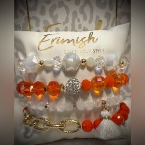 New ERIMISH Bracelets - 4 pc Stack - Orange, White & Gold Chain w/ Glitterball